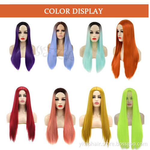 Ombre Blue Wig Long Straight Colored Synthetic Hair Wigs for Black Women Natural Heat Resistant Party Cosplay Costume Wig